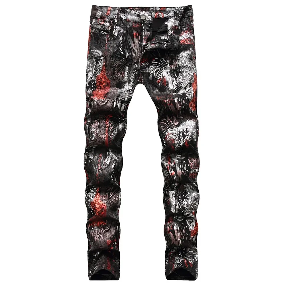 Men Coated Denim Jeans Fashion Shinny Leopard Abstract Pattern Printed Pants Slim Tapered Trousers — image 9