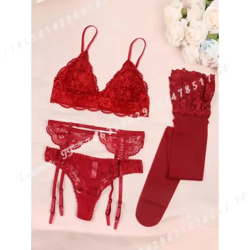 Varsbaby Women Lace Bra Set Non Padded Bra Panty Garter Stockings Summer Underwear Lingerie Sexy — image 1