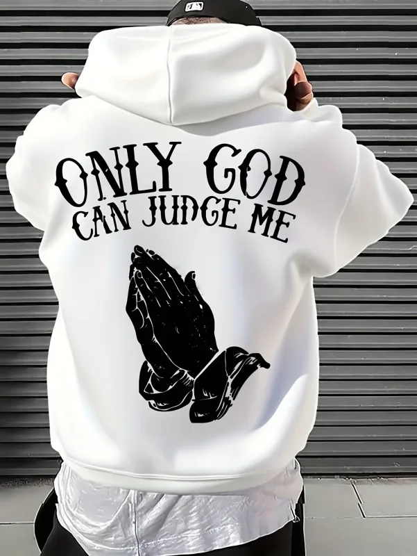 Moletom com capuz masculino "Só Deus pode me julgar" streetwear com mãos em oração pulôver gráfico inspirador para estilo casual — image 4