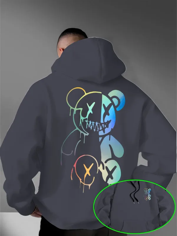 Loose Oversized Men Hoodies Holographic Split Evil Bear Front Back Dual Print Pullover Sweatshirt Dark Street Daily Hooded Tops — image 2