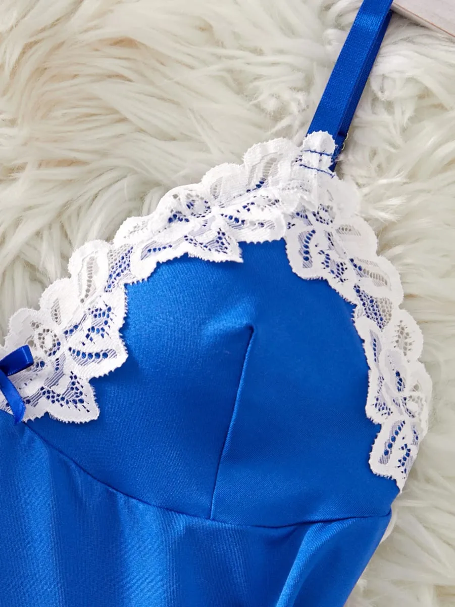Conjunto de lingerie feminina, camisola de renda, roupa de dormir sólida, slim, macia, roupa de dormir e tanga — image 6