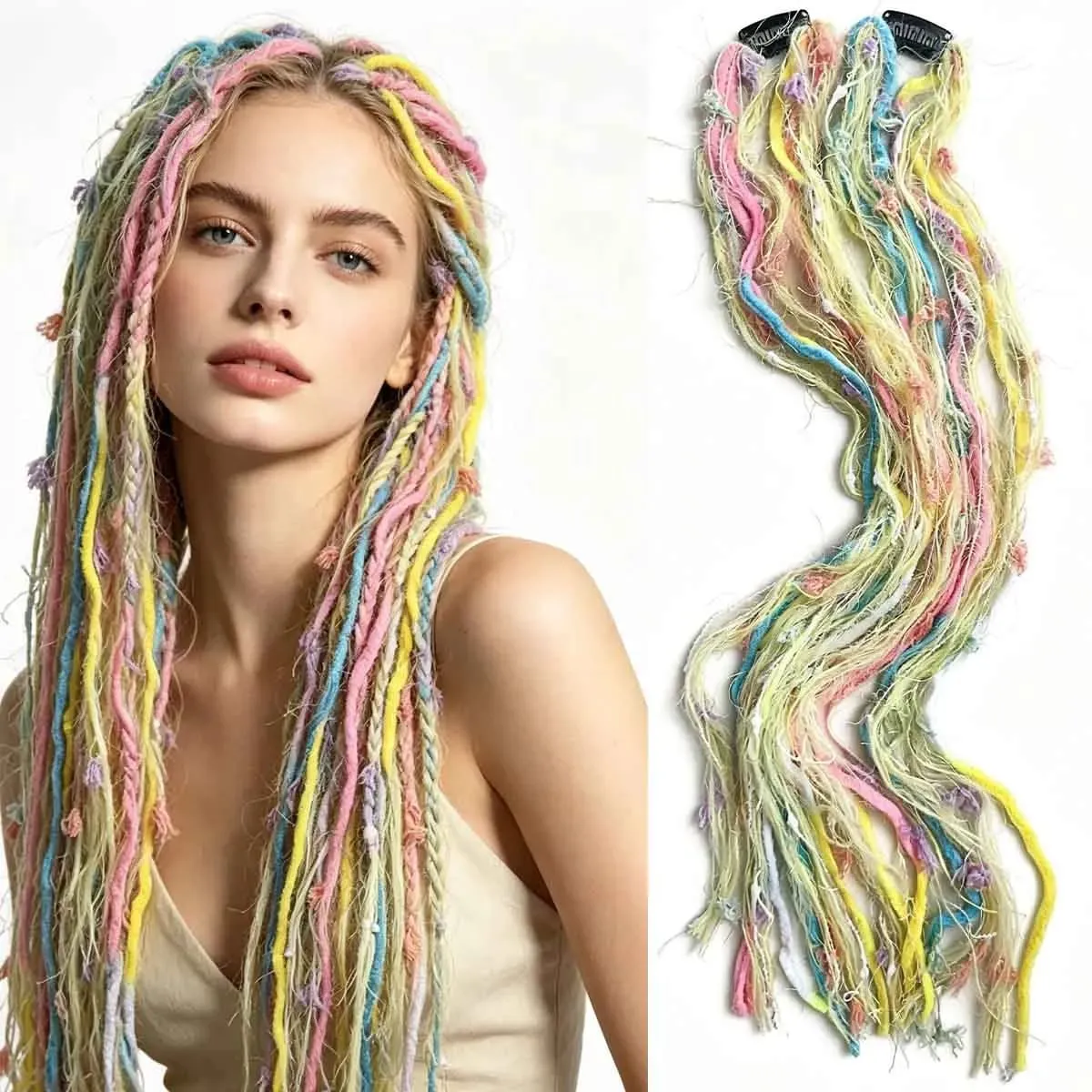 Synthetic Clip In Pastel Pink Macaron Faux Locs Hair Extensions Handmade Textured Straight With HairPieces For Women Daily Party — image 11