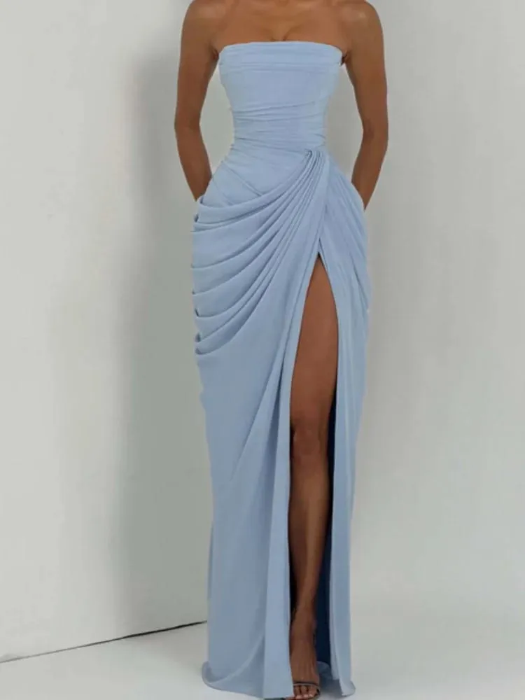 Lady Sexy Strapless Split Solid Pleated Dress Women Chic Backless High Waist Off-shoulder Dresses 2026 Bagong Evening Party Gowns — image 5