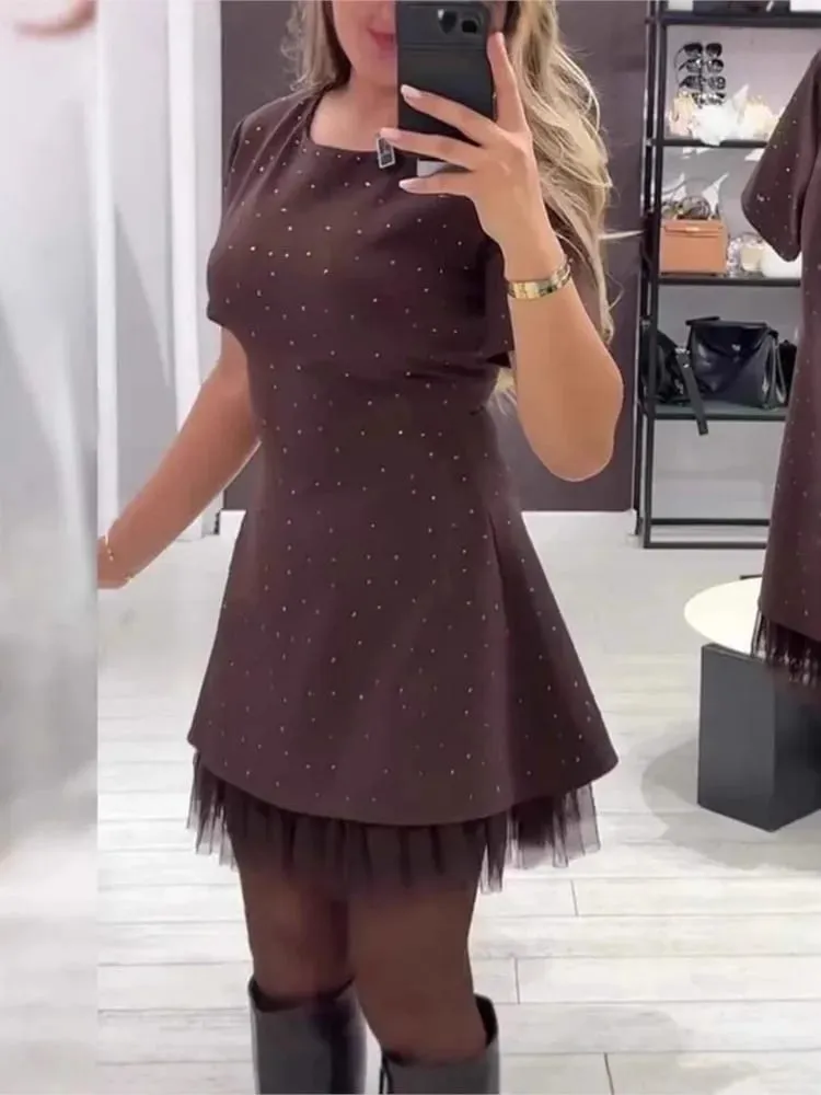 Elegant Casual Dress Spring Summer New Style Hot Rhinestone Hem Mesh Solid Fashion Dress Para sa Babae Short Sleeve Holiday Dress — image 5