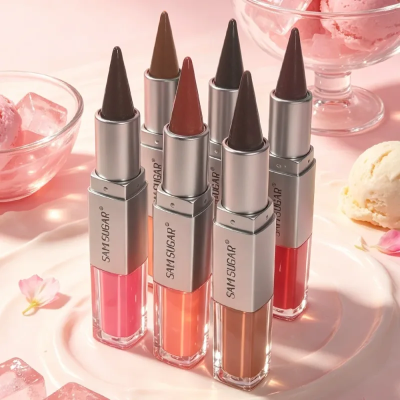 2 in 1 Lip Liner & Lip Gloss Dual Ended Hydrating Non Stick Lipstick Matte Velvet Outline Crayon with Shiny Plumping Lip Glaze