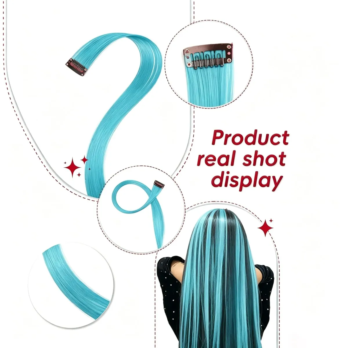 Extensions de cheveux synthétiques à Clip bleu clair, 6 pièces, Extensions de cheveux synthétiques Cyan brillant, couleur lisse, reflets