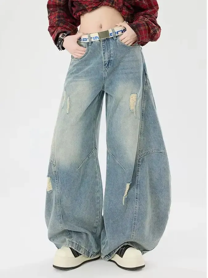 Retro-Style Curved-Leg Jeans Unisex Relaxed Fit Patchwork Soft Durable Women Men Versatile Washed Wide-Leg Pants — image 3