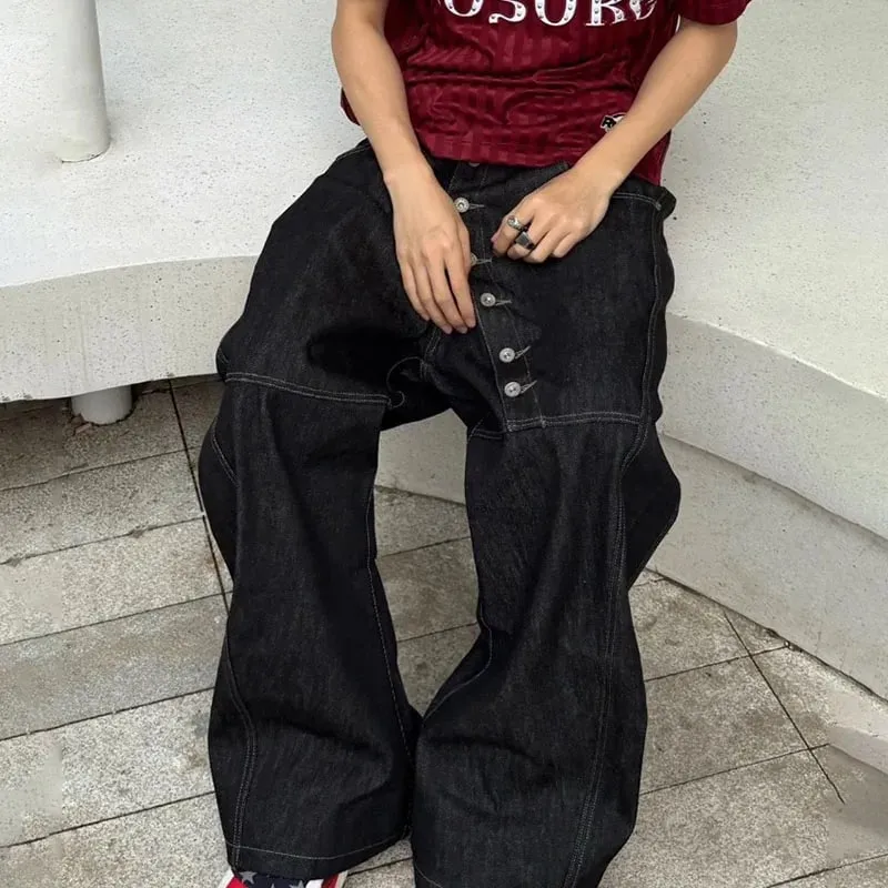 Korean High Street Buckle Curved Jeans Autumn Men'S Loose Straight Leg Pants Black Wide Leg Pants Casual Pants Hip-Hop Pants — image 3