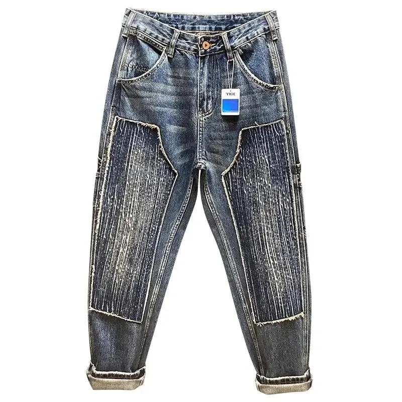 Original Luxury Brands Clothing Punk Handsome Design Trendy Brand Pants Men's Loose Straight Sticker Splicing Logging Work Jeans — image 2