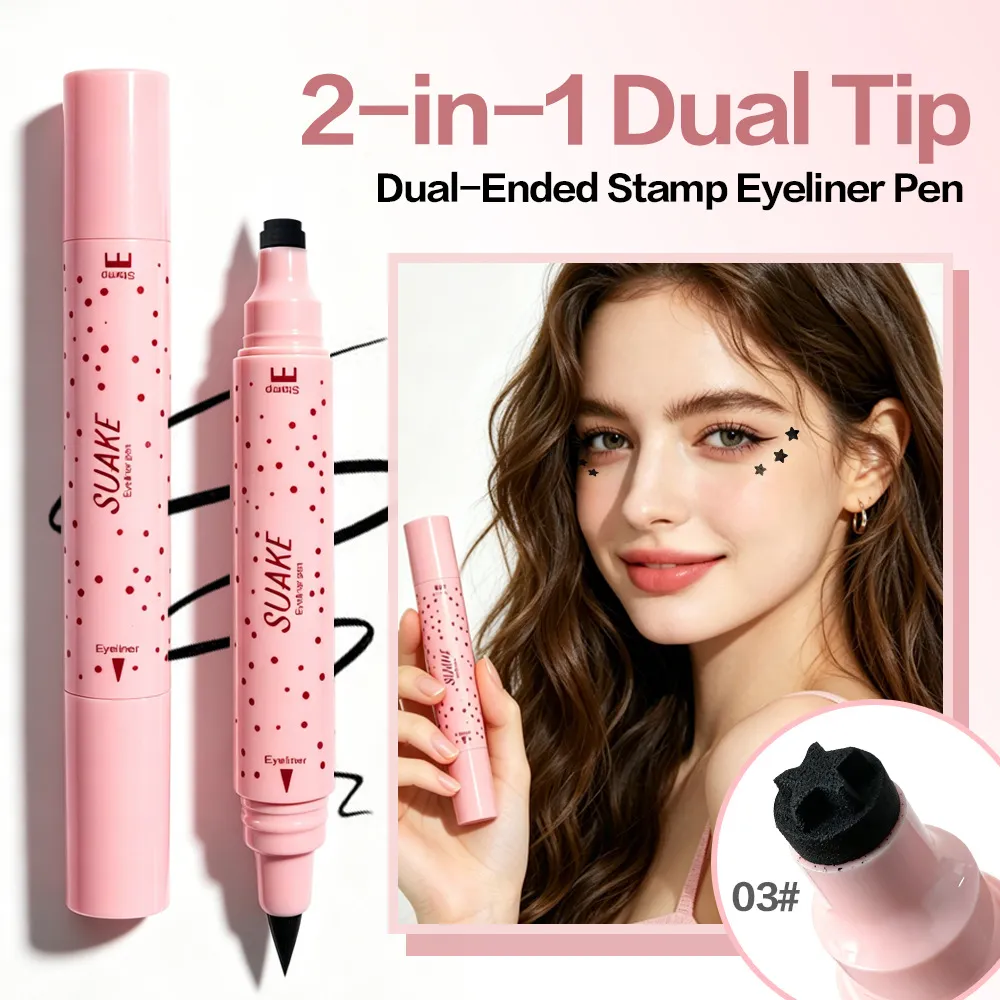 Pink Tube Star Heart Butterfly Stamp Liquid Eyeliner Dual-Ended Seal Stamp Eyeliner Pen 2in1 Quick-drying Black Eye Liner Makeup