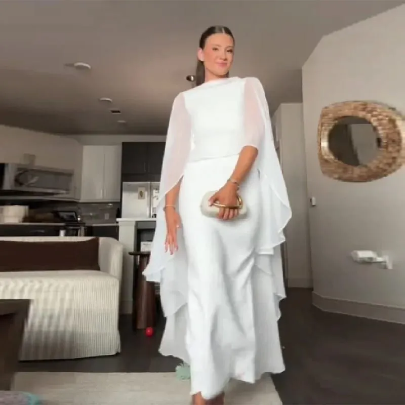 Elegante branco xale fino ajuste maxi vestido feminino elegante capa manga em torno do pescoço bodycon vestido 2026 senhora verão chique festa robes — image 3