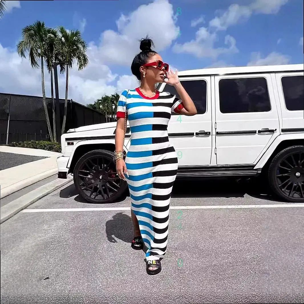 Spring Summer Women Stripe Dress Short Sleeve Split Bodycon Dresses Casual Tee Top — image 2