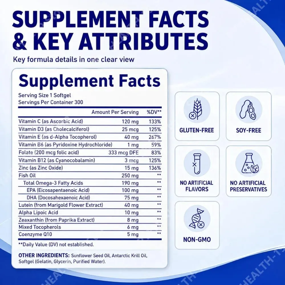 Lutein Zeaxanthin Softgels 40mg Omega-3 EPA DHA Vitamins For Eye Health & Blue Light Support Formula Adult 300 Count
