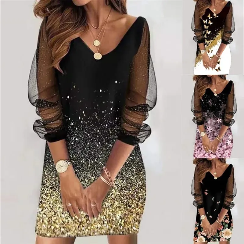 2024 novo estilo primavera em torno do pescoço lantejoulas perspectiva gaze vestido senhora