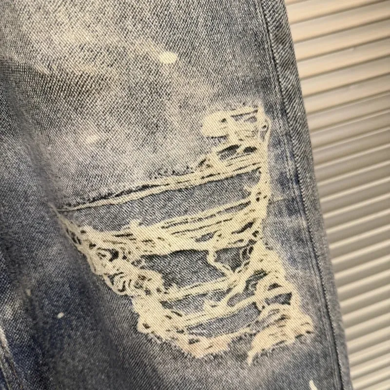 Trend Fashion Street Style Fake Two Piece Double Waist 3D Printed Digital Printed Ripped Baggy Protocol Index Jeans — image 4