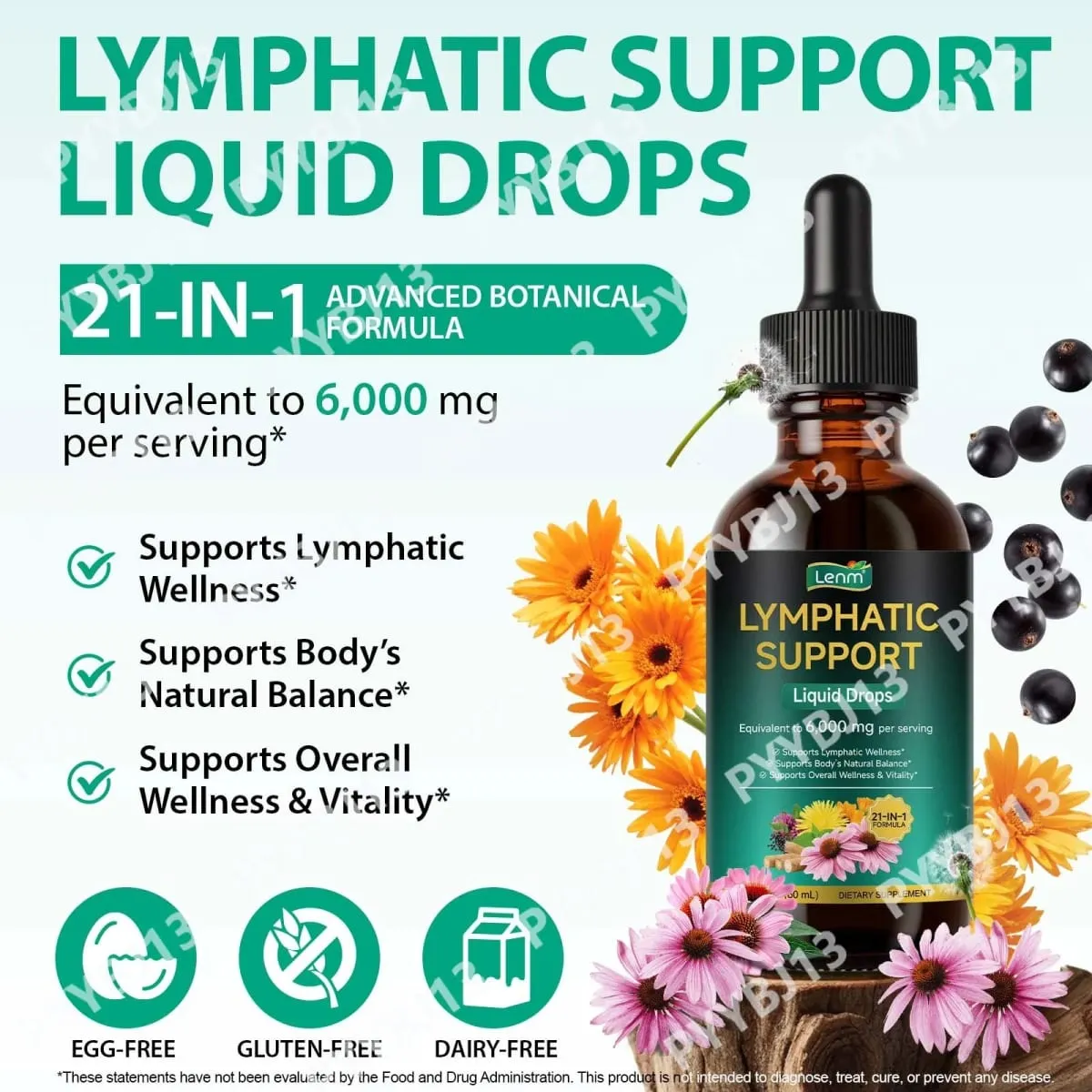Lenm 60ml sistema linfático limpa suplementos líquidos de suporte imunológico gotas de ervas linfáticas orgânicas naturais para suporte de equilíbrio — image 3