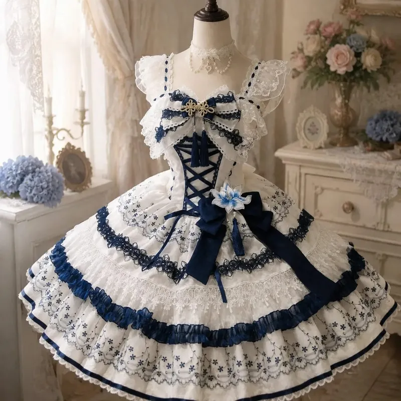Y2K Sweet Lolita Jks Strap Dress Women Solid Ruffle Lace Bow Patchwork Kawaii Princess Ball Gown Knee-Length Elegant Party — image 12