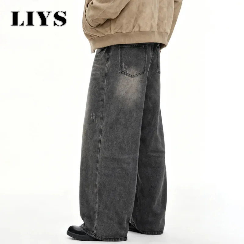 Men's American Retro Gray Baggy Wide Leg Jeans Daily Business Casual Loose Straight Leg Denim Pants Four Seasons Men's Clothes — image 6