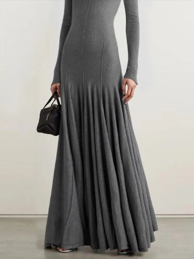 Freeacy Women's Grey Knit Maxi Dress Turtleneck Long Sleeve with Fitted Bodice and Flared Mermaid Skirt Elegant Party Dresses — image 3