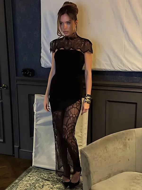 Mozision Lace Backless Sexy Mini Dress Women Gown Elegant See Through Turtleneck Sleeveless Bodycon Club Party Dresses Female — image 5