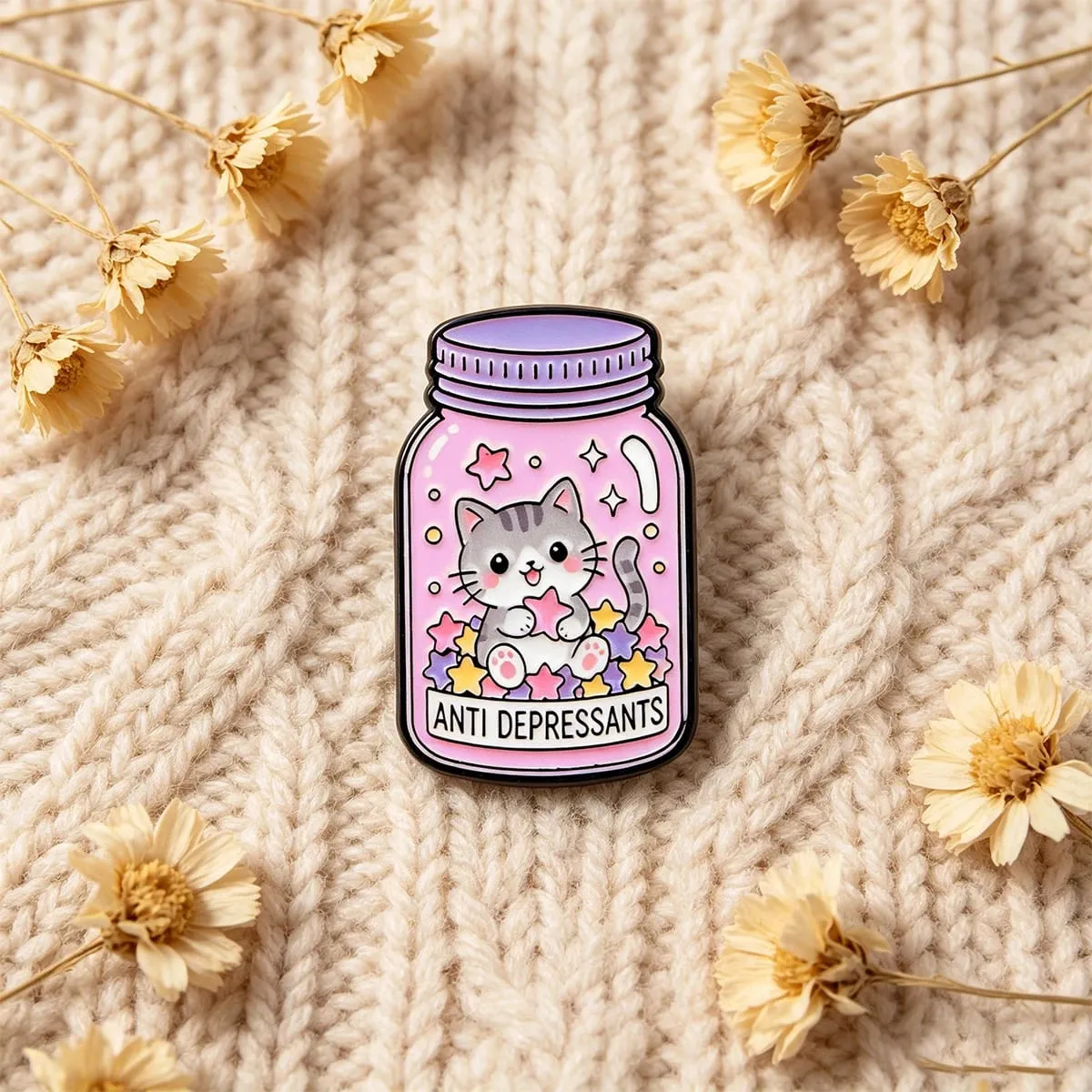Sweet Pink Cat Star Bottle Enamel Brooch ANTI DEPRESSANTS Badge Cute Animal Lapel Pin Backpack Jacket Decorative Accessory — image 4