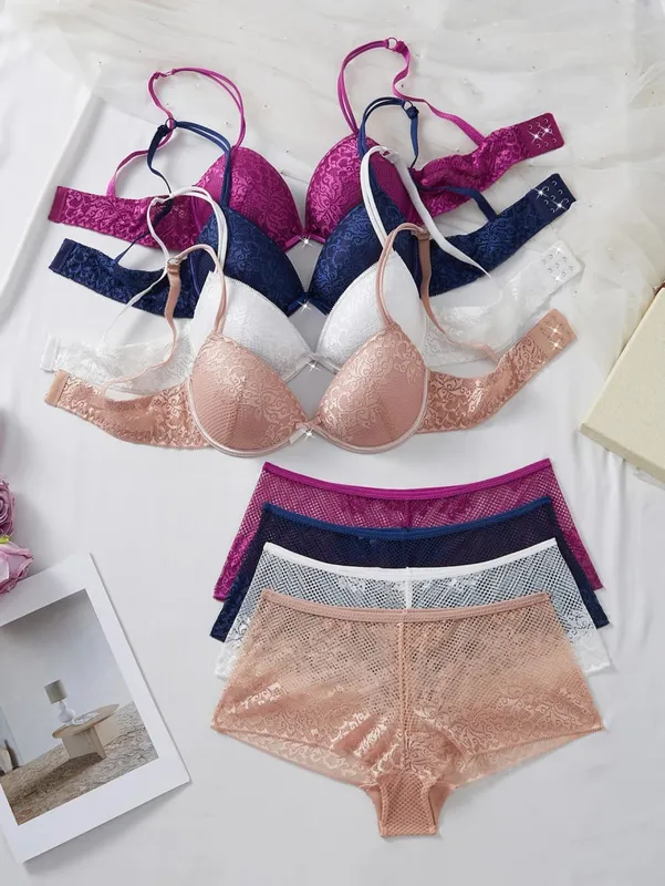 4Set Women Floral Lace Lingerie Set Underwire Push up Bra Breathable Sheer Hollow Panties Ladies Underwear Set — image 8
