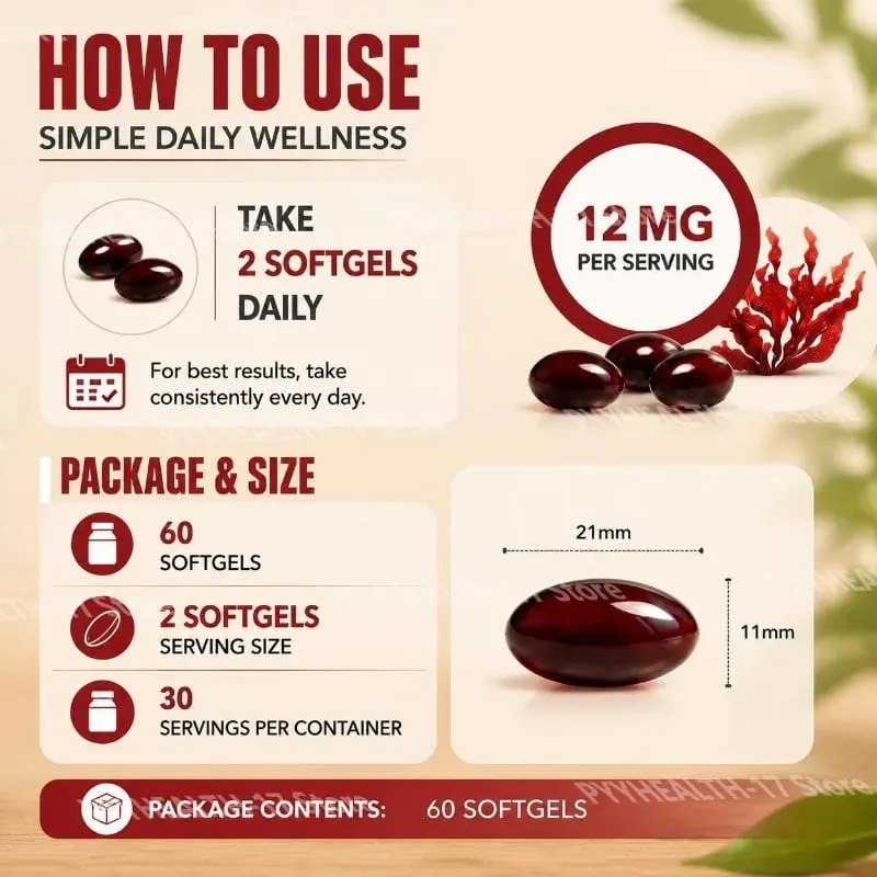 Astaxanthin Softgels From Microalgae Promotes Collagen Production Soy Free Gluten Free Non GMO Triple Strength 120 Softgels — image 5