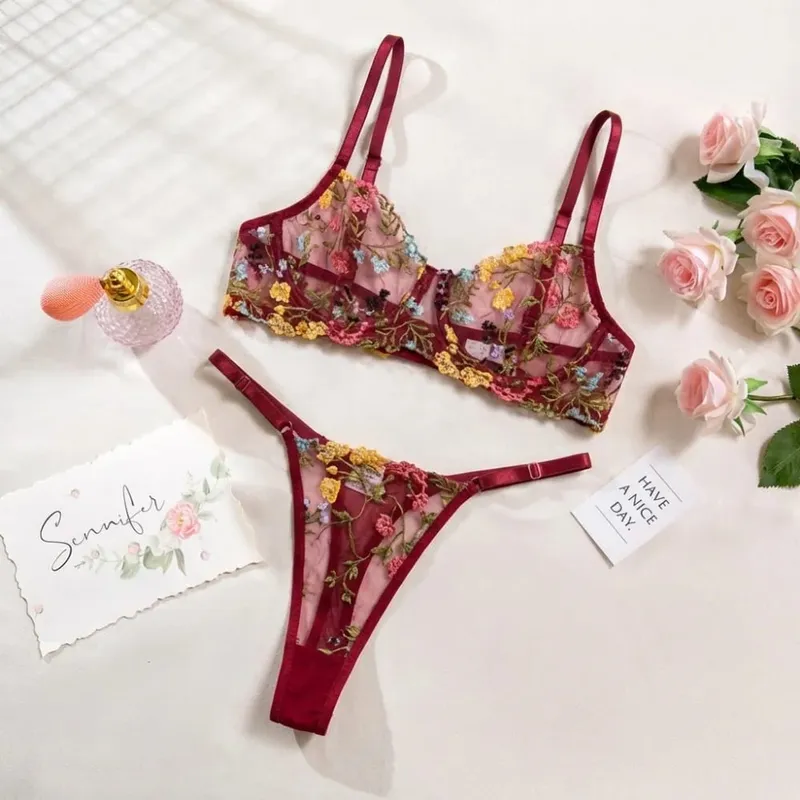 2-Piece Bohemia Floral Lingerie Set Embroidery Versatile Underwear Intimates Sheer Underwire Push-up Bra Panty Set For Lady Girl
