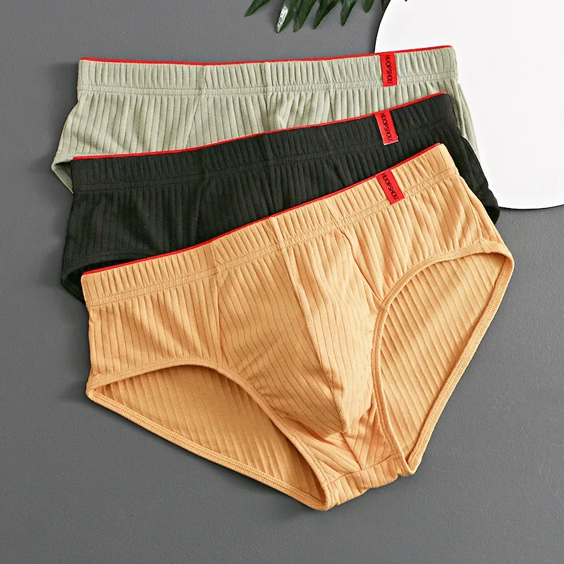 1/3PCS Panlalaking Brief sa Gitnang Baywang Elastic Soft Breathable Anti-septic U Convex Striped Solid Color Casual Men Underpants Underwear men — image 29