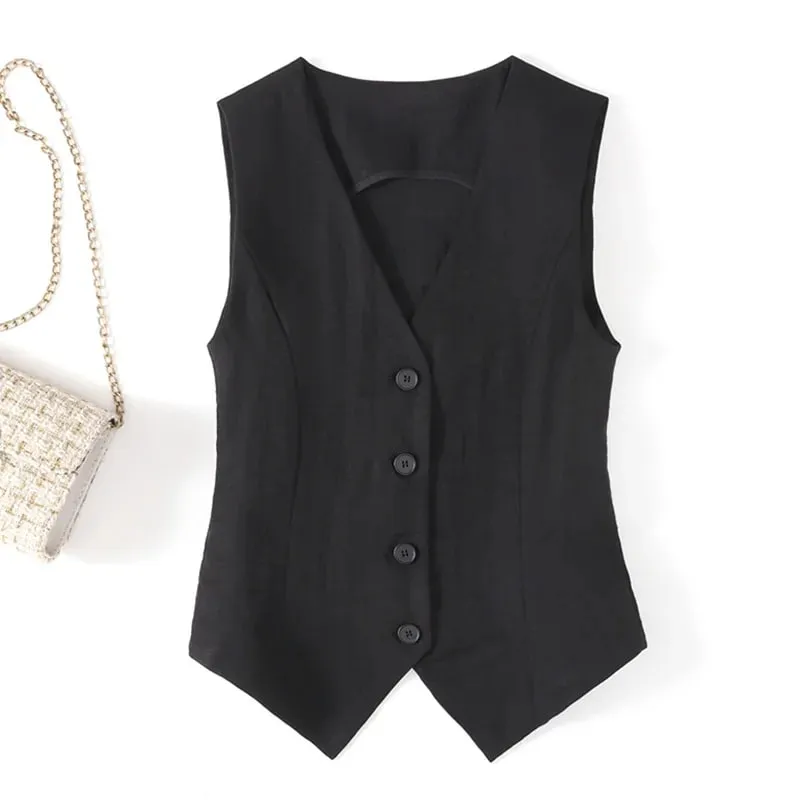 Summer solid color linen vest thin women's vest slim fit short sleeveless suit V-neck shoulder vest — image 3