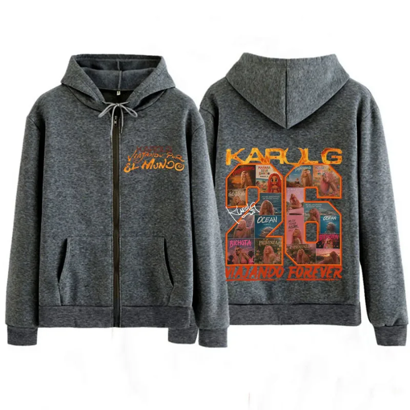 Karol G Viajando Por El Mundo Tropitour 2026 Print Zipper Hoodie Men Women Fashion Sweatshirts Casual Vintage Zip Up Jacket Coat — image 3