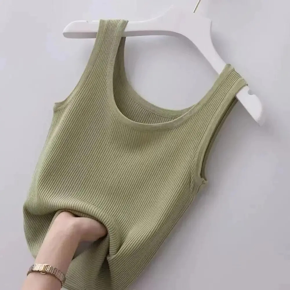 2024 Polyester Sexy Sleeveless Camisole Basic Top Solid Color Summer Camisole Streetwear Tees T-Shirt Spring Knitted Tank Women — image 12