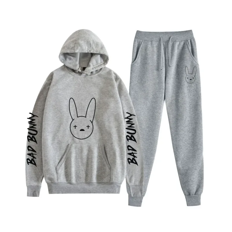 Harajuku Bekväm bad bunny Tryck Sweatshirt Träningsbyxor Kostym Dam Luvtröjor+ Byxor Kostym Pojkar/Flickor 2-delat set Kläder — image 10