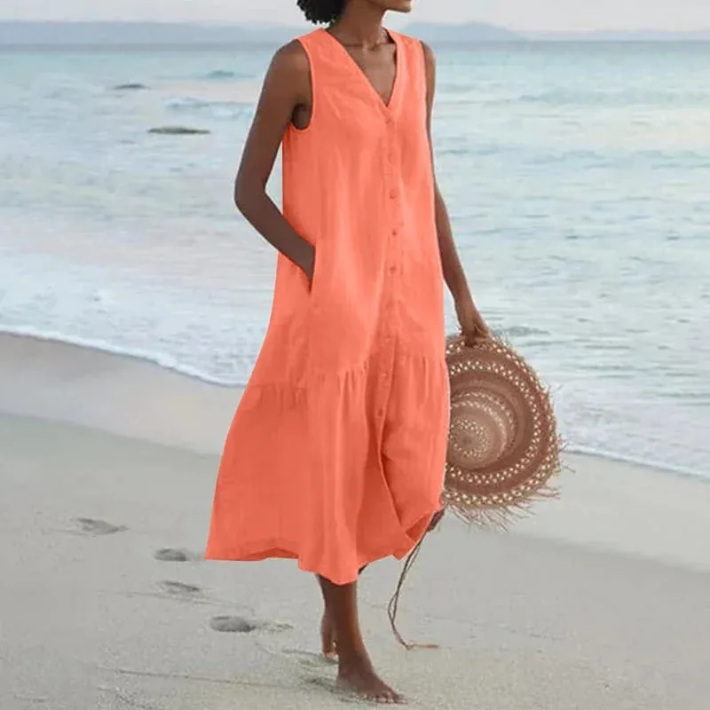 Verão solto casual retalhos algodão linho pocktes vestido com decote em v estilo praia vestido sem mangas vintage clube midi sólido vestido feminino