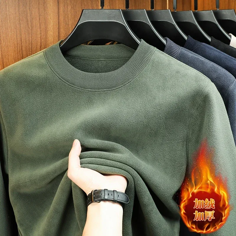 Taglagas at Winter Men's Velvet Hoodie Long Sleeve Round Neck Solid Color Fashion Casual Versatile Top