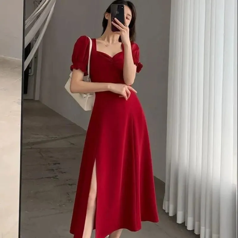 Sólido puff manga curta elegante vestido de fenda nova moda feminina com decote em v vestidos completos senhoras cintura alta magro vestidos de festa de noite — image 4