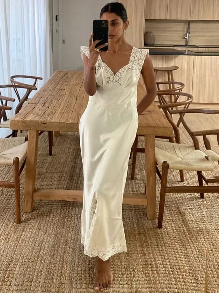 Tossy Fashion Satin Lace Long Dress Women V-Neck Patchwork Hollow Out Walang manggas na Lace-Up Dress Panggabing Pambabae Autumn Maxi Dress — image 3