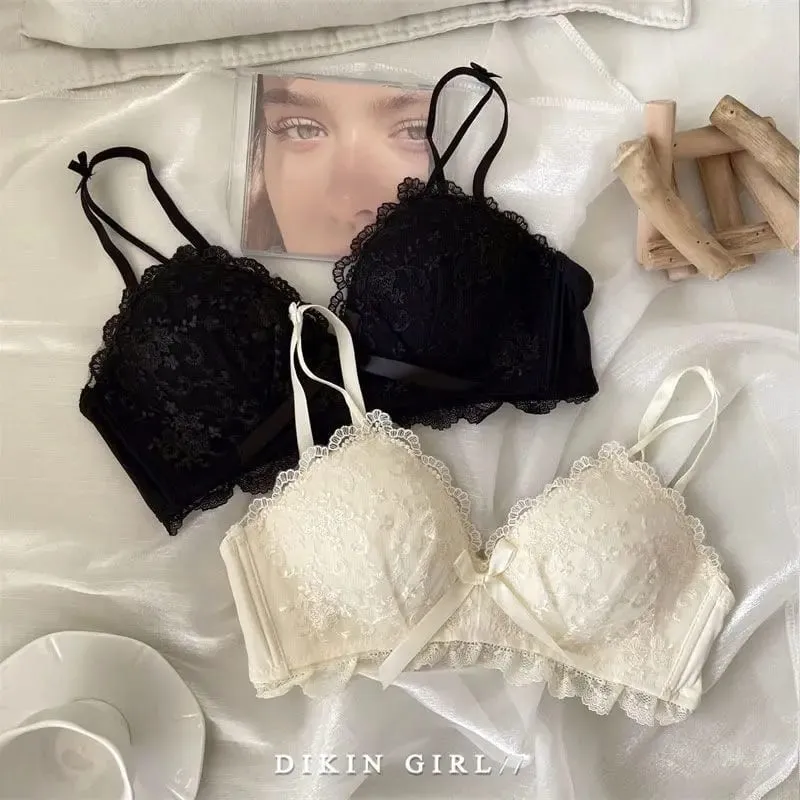 Conjunto de sutiã bordado de renda sexy com peito pequeno reunido para coleção acessório seios sem jantes de aço conjunto de roupa interior — image 5