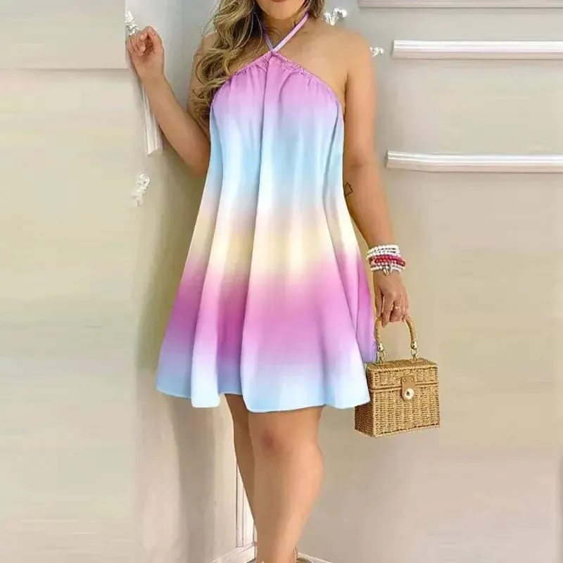 Women Halter Neck Sleeveless Floral Print Loose Swing Mini Dress Casual Beach Vacation Summer Cover Up Dress — image 4