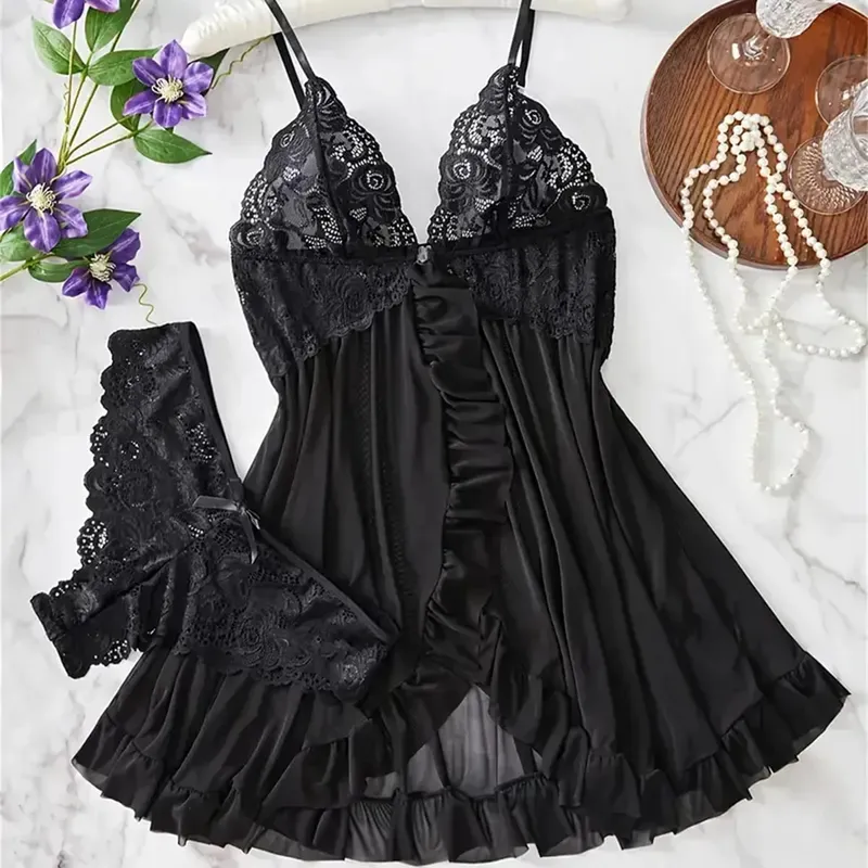 Novo azul contraste renda plissado guarnição lingerie conjunto profundo v vestido e tanga sexy roupa interior feminina sutiã oco calcinha estilingue — image 5