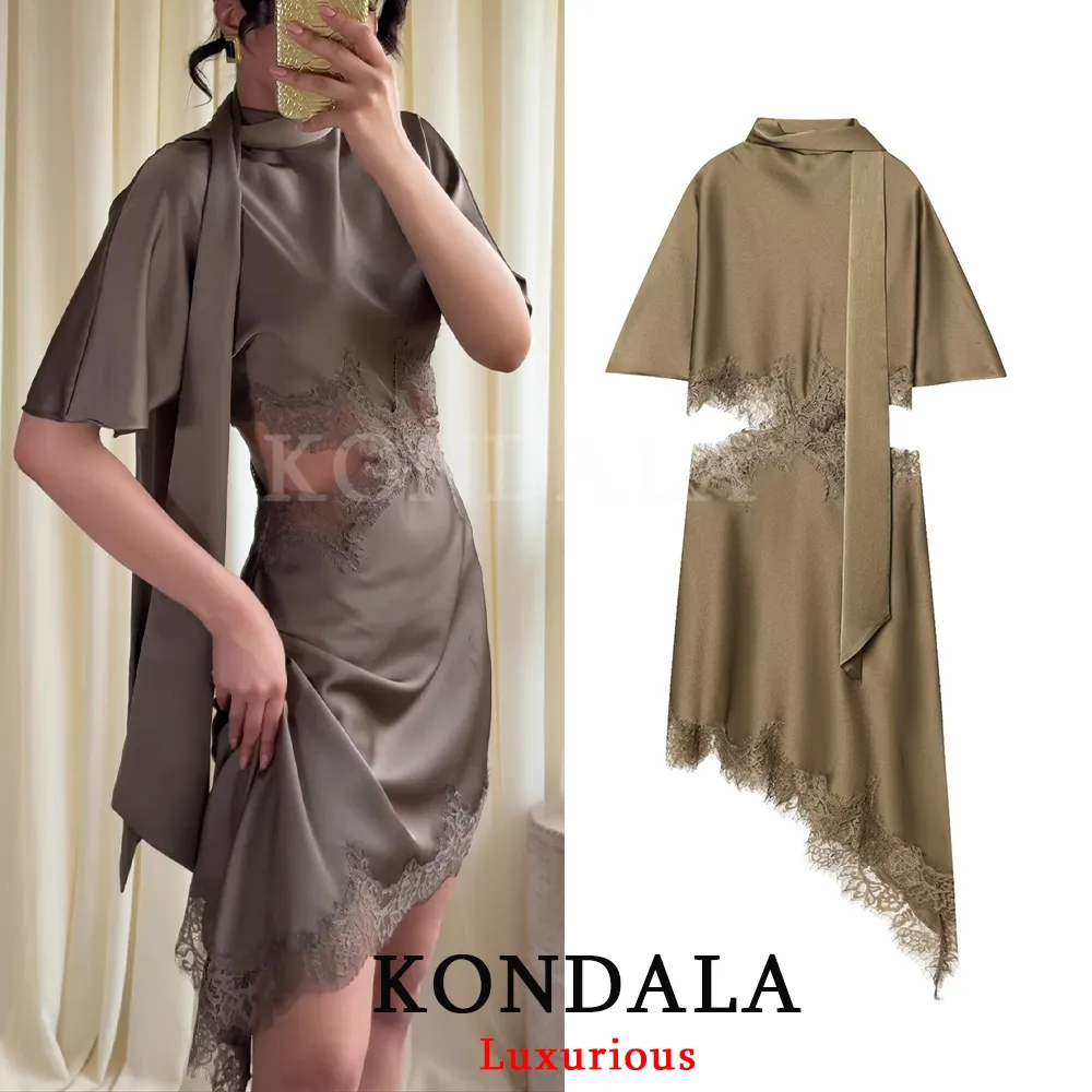 Elegant Sexy Chic Women Mini Dress Asymmetrical Scarf Collar Dress Fashion 2026 Spring Summer Holiday Night Out Dress — image 2