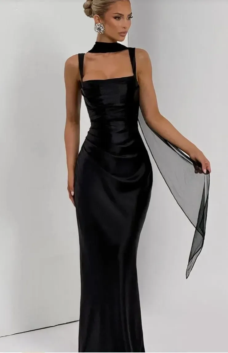 Elegant Scarf Collar Sling Women Summer Dress Solid Sleeveless Off-shoulder Slim Maxi Dresses 2026 Lady Chic Evening Party Gown — image 5