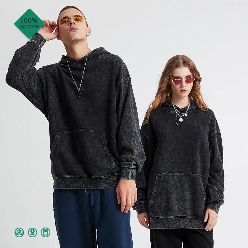 100% pamut Férfi ruházat Vintage Black Acid Mosó kapucnis Férfi Női Túlméretes Hip Hop Pulóverek Alkalmi pulóverek Y2K ruhák — image 6