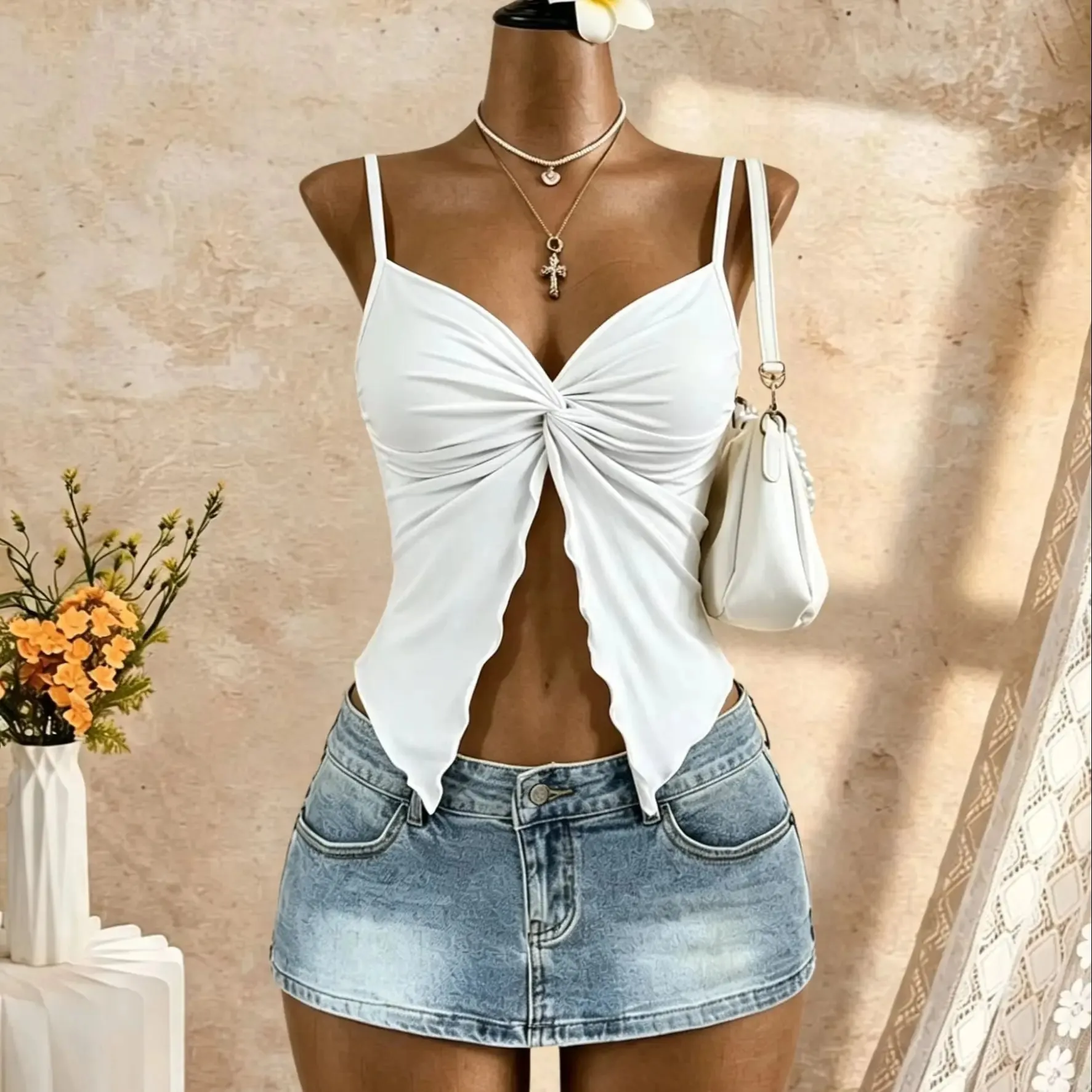 Women Spaghetti Strap V Neck Twist Front Cut Out Ruffle Irregular Hem Slim Fit Crop Cami Top 2026 Summer Y2K Solid White Sleevel — image 13