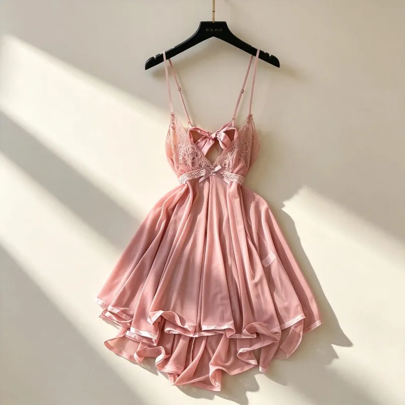 Woman Hotsweet Mini Dress V-Neck Strap Large Hem Dress Lace Trim Sexy Club Dating Party Comfortable Princess Pink Trend Y2K New — image 5