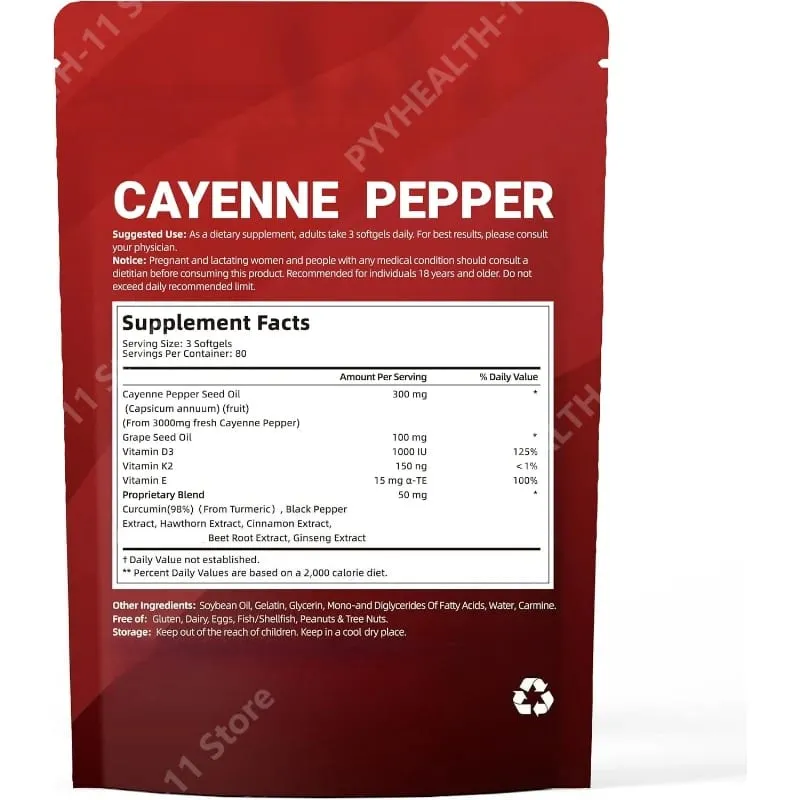 Cayenne Pepper Softgels อาหารเสริมเมล็ดองุ่นบีทรูทขมิ้นวิตามิน D3 K2 สมุนไพรรองรับหลอดเลือดดำขาเลือดเรือสุขภาพ