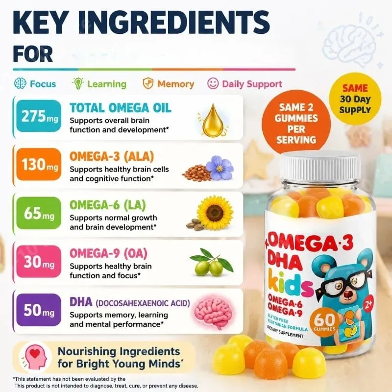 Kids Omega 3 DHA Gummies with Omega 6 & 9 Vitamin C for Brain Eye & Heart Support Vegetarian Gluten Free Ages 2+ 60 Count