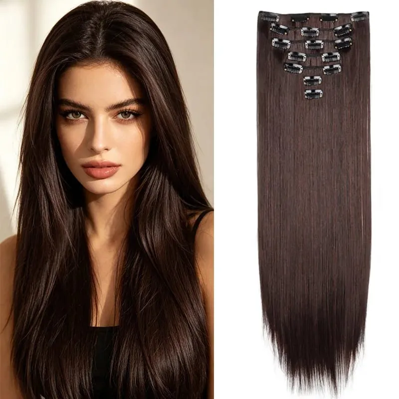 24Inch Synthetic 7pcs/set Long Straight Clip in Hair Extensions Invisible Fake Clips on Hairpieces for Women Party Daily Use