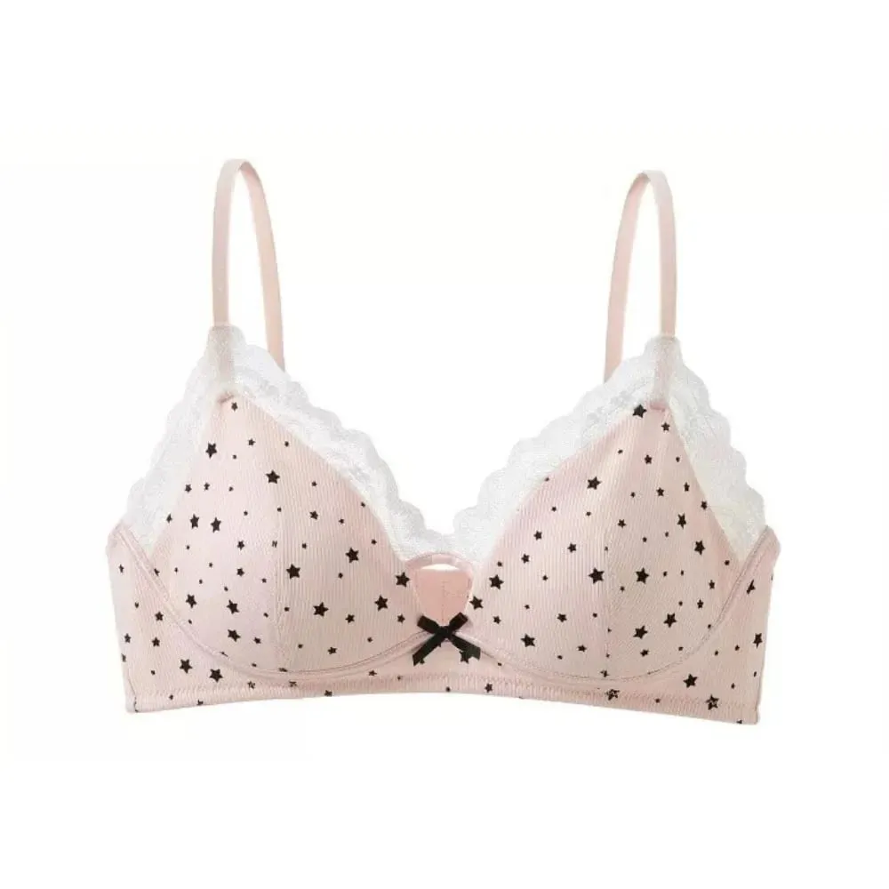 Womens Polka Dot Star Lace Wireless Bra Thin Push Up Anti Sag Bralette Small Chest Lift Teen Girls Casual Everyday Brassiere Hot