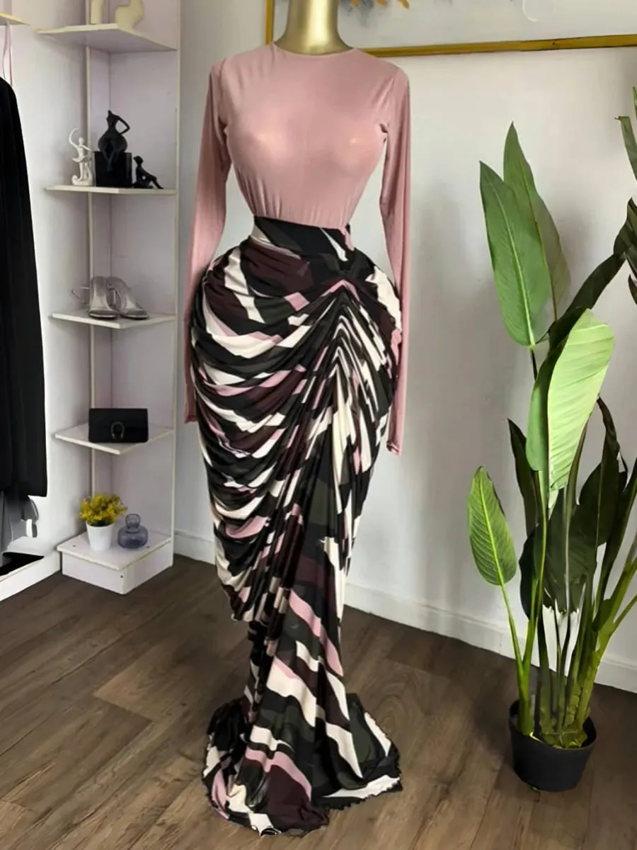 yaya feminino tie dye listrado retalhos empilhados ruched bodycon midi maxi vestido longo outono inverno educação férias vestidos de baile — image 5